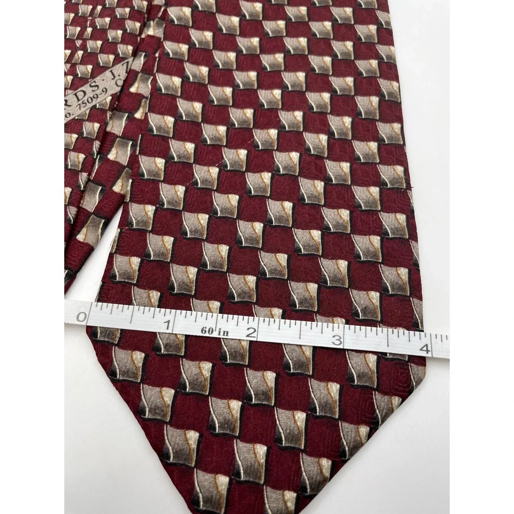 JZ Richards Mens Silk Tie Burgundy Gold Geometric Hand Made USA 7509-9